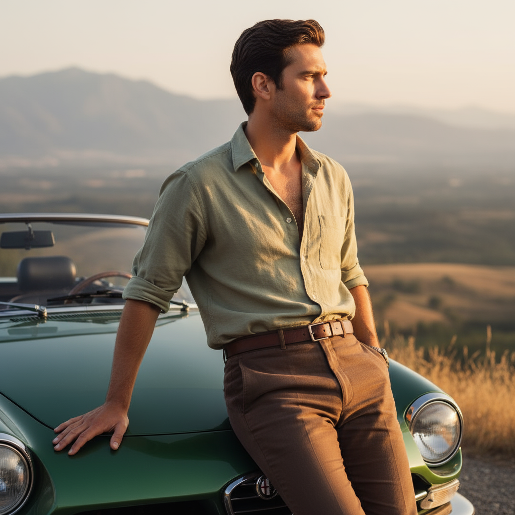 Cinematic portrait of man with classic Alfa Romeo in golden hour lighting